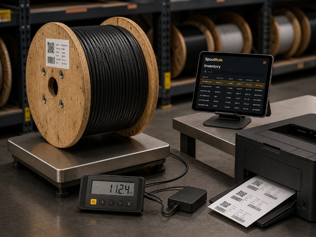 SpoolRule full warehouse setup with connected scale, label printer, and inventory tablet